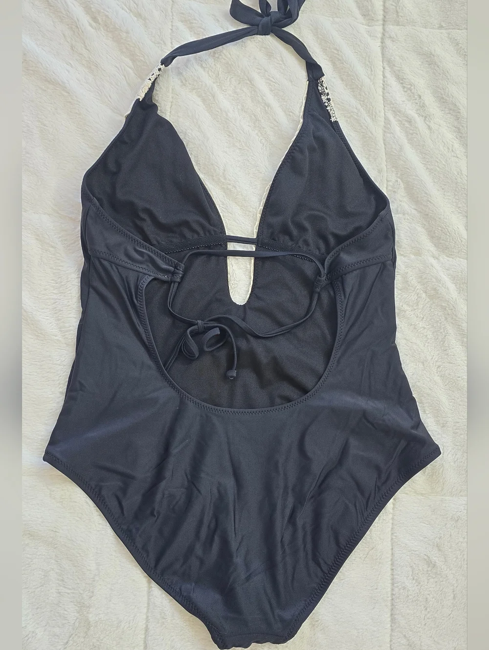 Black One-Piece Swimsuit with Cream Crochet Trim